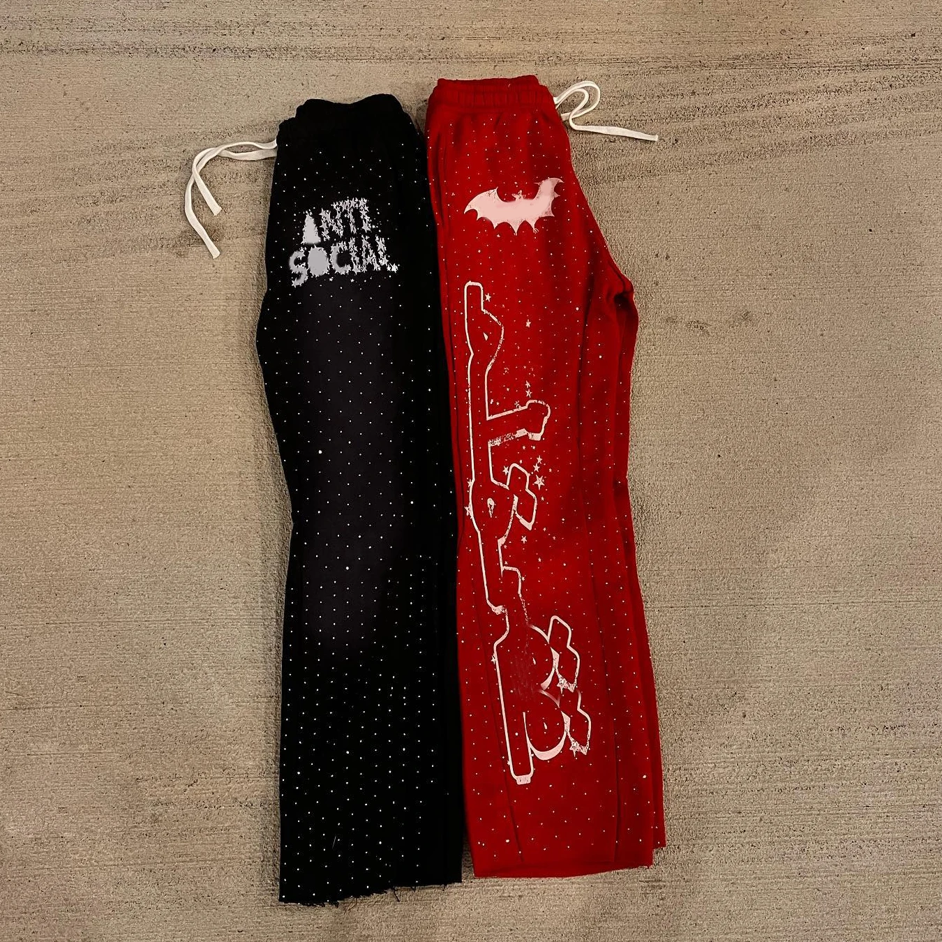 custom cotton streetwear washed vintage screen print oversized cut and sew rhinestone flared sweat pants