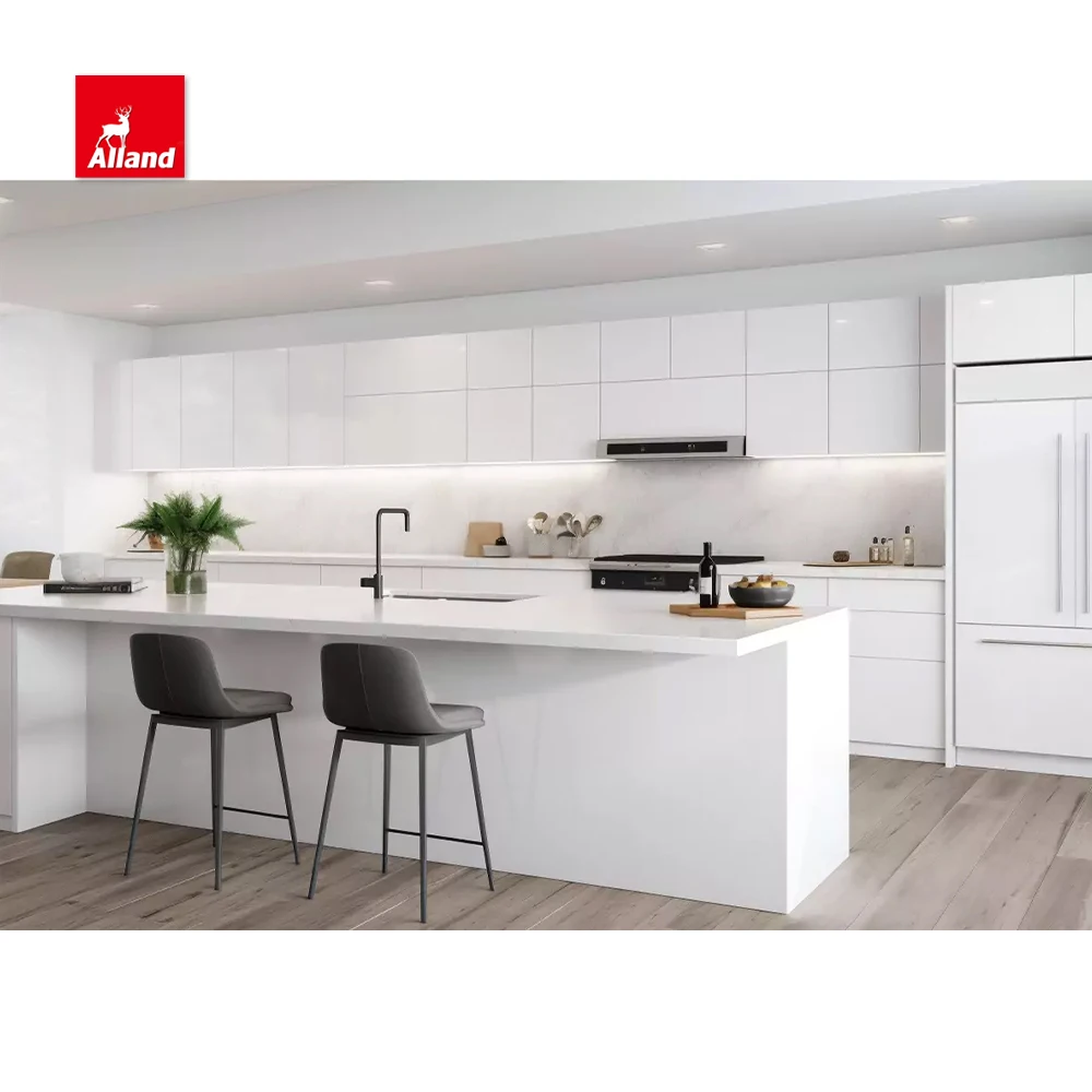 AllandCabinet Good Price Modern Style White High Gloss MDF Plywood Kitchen Cabinet with a Waterfall Quartz Countertop Island