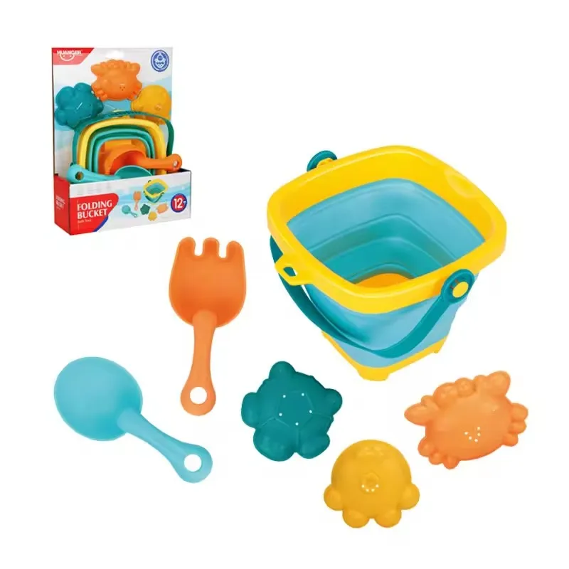 Summer Toys Soft Rubber Beach toy Set Folding Bucket Shovel Sand Dredger Bath Toys Kids Water Play Folding Bucket Bath 5pcs Set