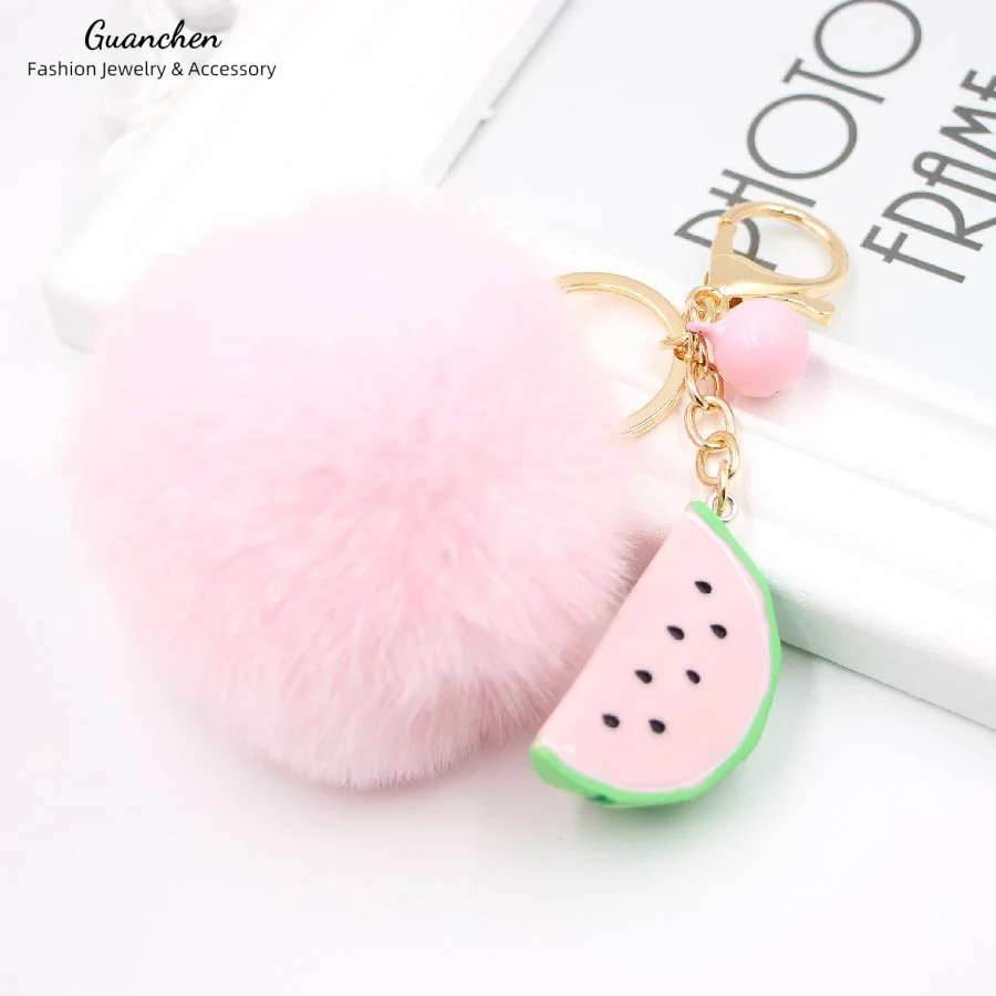 Kawaii, брелки с помпонами, брелки из искусственного кроличьего меха, помпоны, пушистая сумка, подвеска, декоративный брелок с арбузом