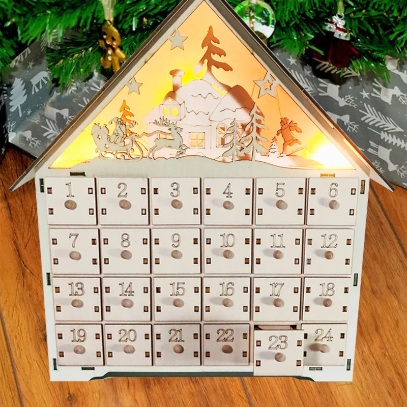 Creative LED Rotating Music 24 Countdown Christmas Calendar Drawer Calendar Wooden House  Christmas Decor
