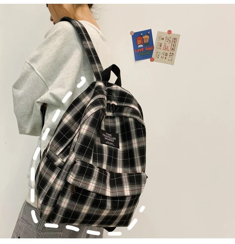 Fashion Wholesale Factory Plaid Pattern Travel Double Shoulder Bag Canvas Girls Daypack Students Teenager Casual School Backpack