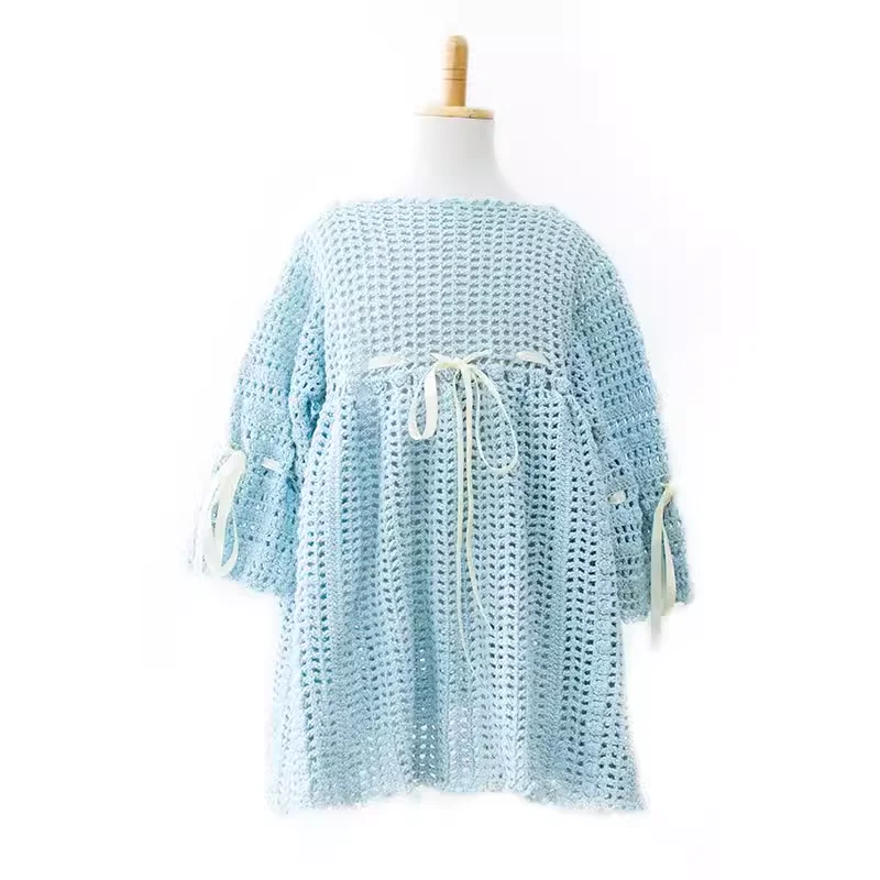 Available In Two Colors Handmade Customization Gentle Ladylike Style Long Sleeved Dress For Girl Material Bag