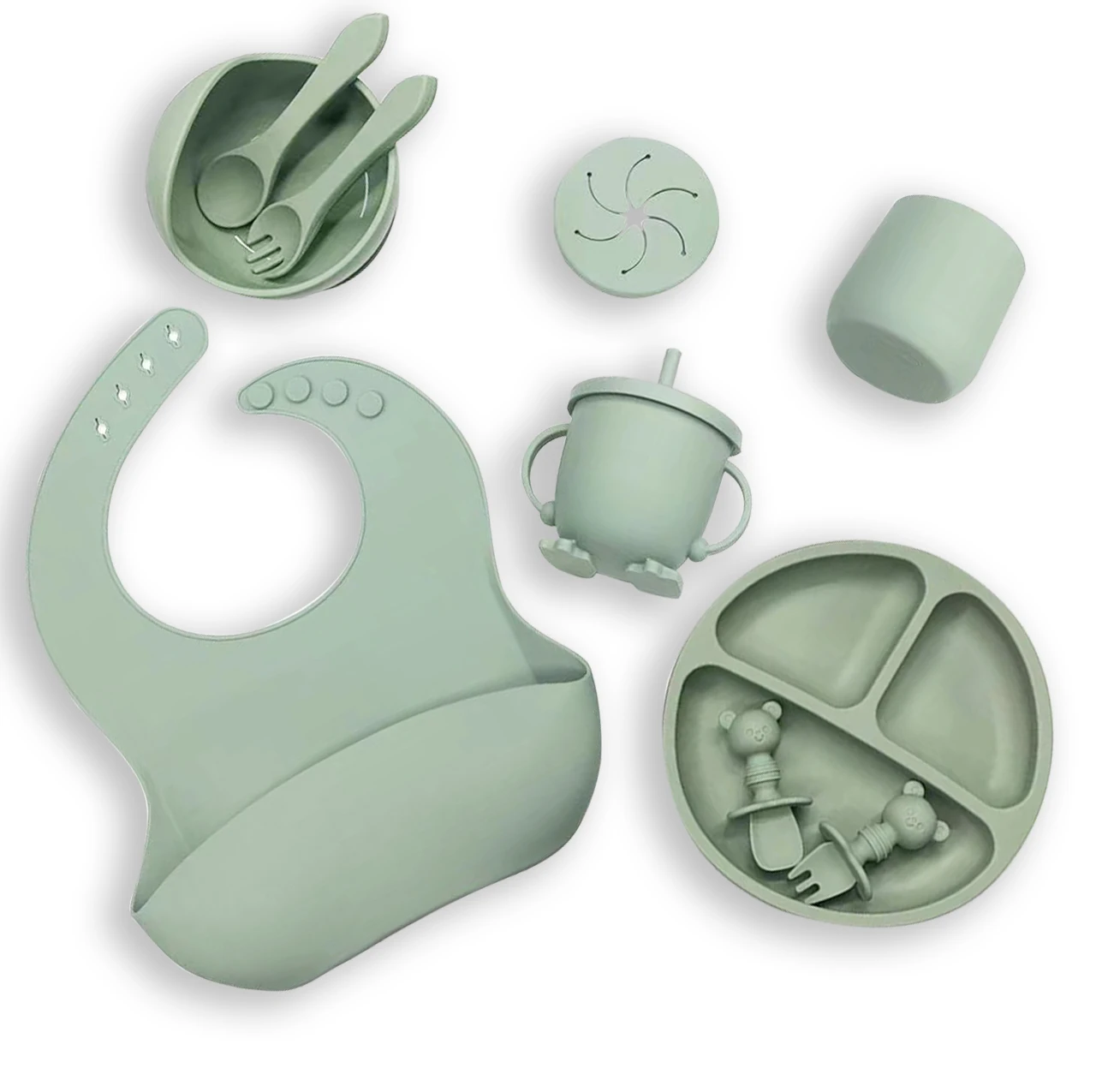 New Arrival Eco-friendly Non-toxic Kids Silicone Tableware Feeding Set Suction Bowl Spoon Set Feeding Bib Baby Silicone Bowl