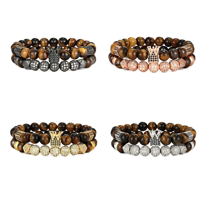 European Wholesale Luxury Handmade 2Pcs/Set Elastic Natural Tiger Eye Bead Micro Inlay Zircon Balls Crown Bracelet Set Men