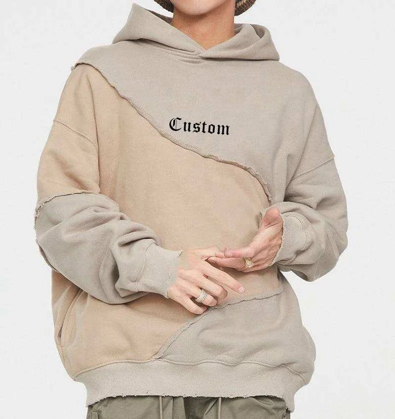 Oversized Havyweight Hoodie  Unisex Two Tone Color Block Patchwork Raw Cut Distressed Hoodies Custom Logo Cotton Men Hoodie