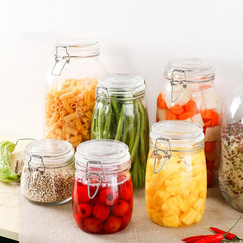 Wholesale Custom Best Custom Logo Flip Top Jam Jar Prep Naturals Glass Food Storage Containers With Metal Clip Lock