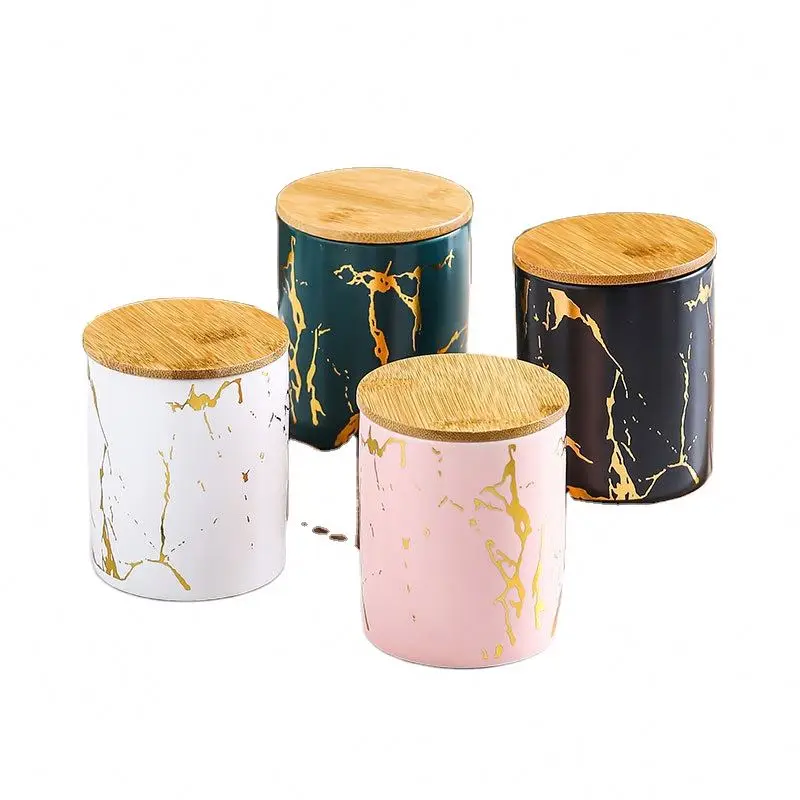 Wholesale candle container empty Ceramic luxury candle jar pink white with bamboo lid