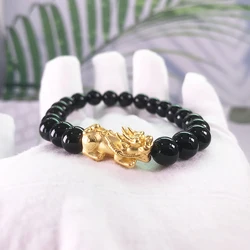 Firstmadam 24K Pure Gold 3D Hard Gold 2g Piyao Pixiu 8mm Beads Lucky Charms DIY Bracelet