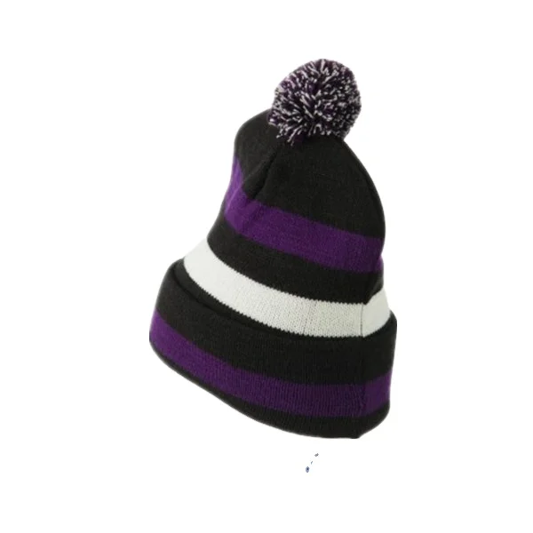 wholesale purple and white Striped black beanie knitted hat with pompom on top