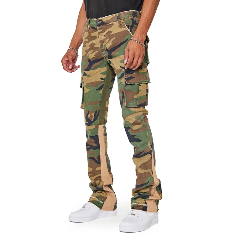Manufacturer sale casual camo denim pants camouflage colored cargo pocket jeans men s custom stacked jeans