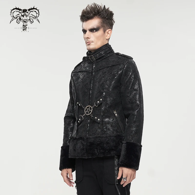 CT188 winter warm stand collar punk black men textured leather jacket with five point star