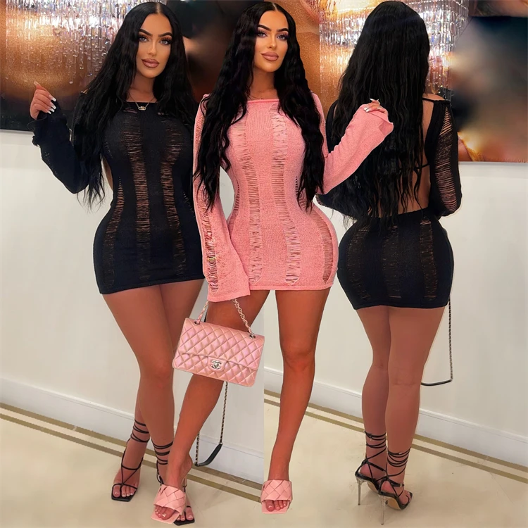 New Arrival Sexy Ladies Club Wear Dress Mesh Backless Fall Long Sleeve Womens Short Dresses