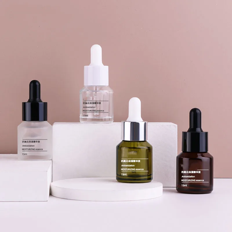 Wholesale 15ml green clear frosted amber glass dropper bottle with white rubber dropper essence oil  bottles with good price