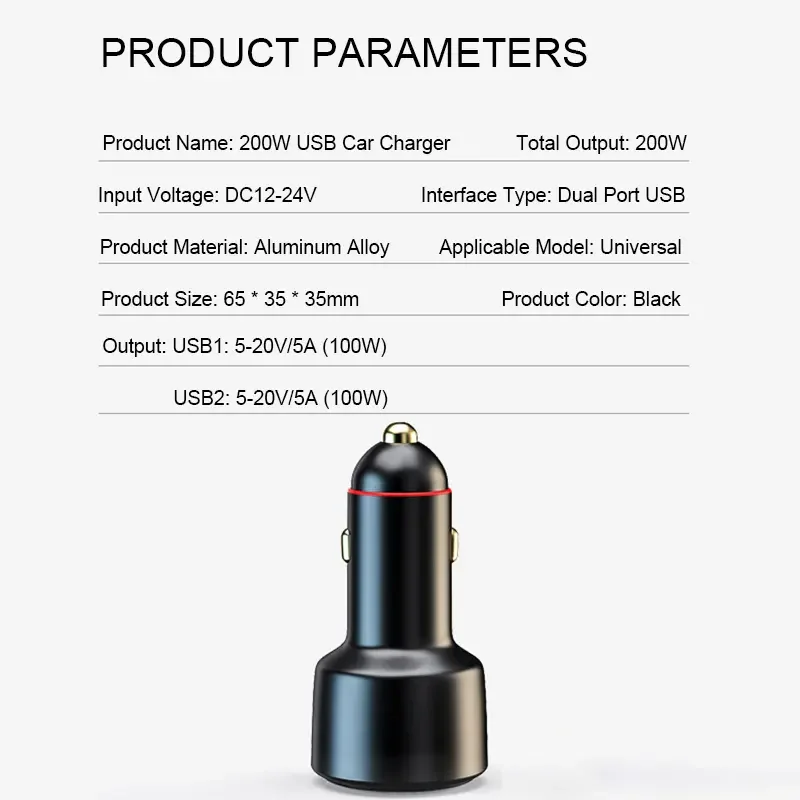 Дпрп зарядное устройство с двумя портами 200W USB Автомобильное дисплеем напряжения 2 QC3.0 USB-A 100W 66W SuperCharge для Huawei Честь VIVO OPPO Xiaomi