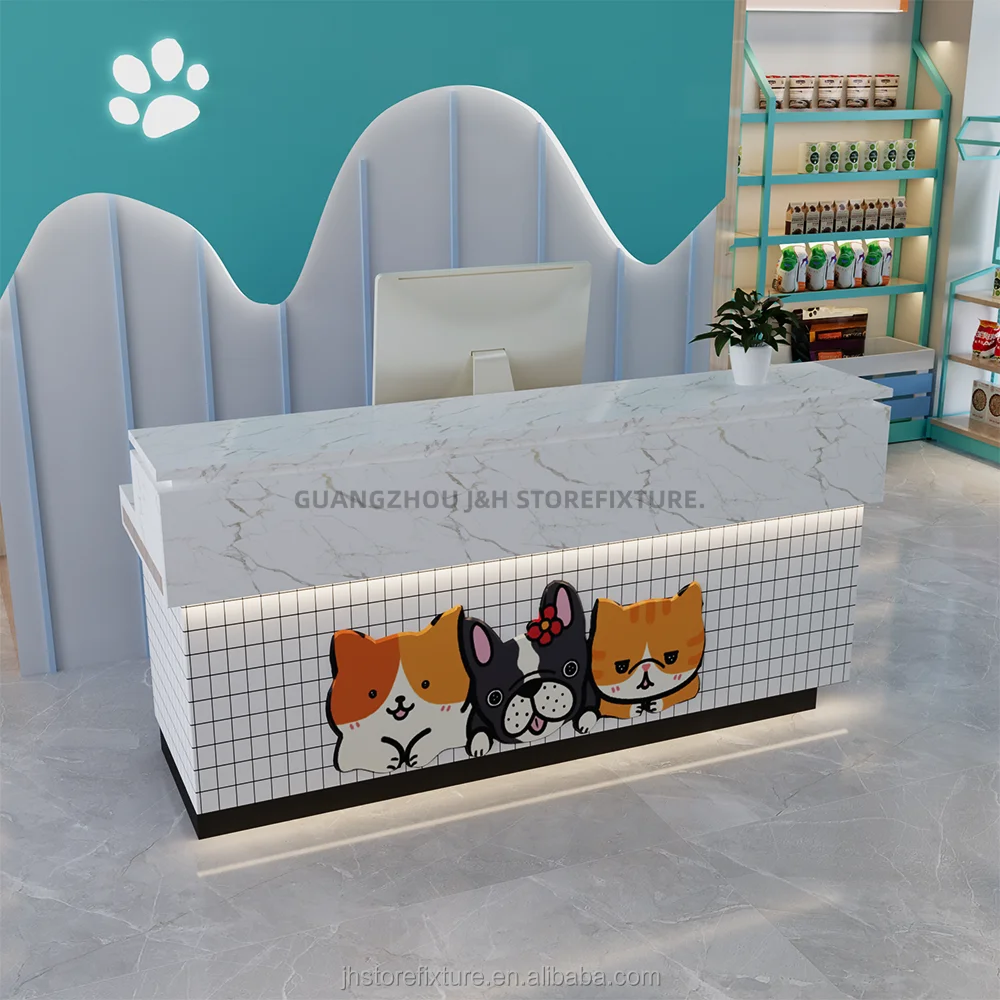 High quality retail supermarket white mdf cashier table with led light custom logo size checkout counter