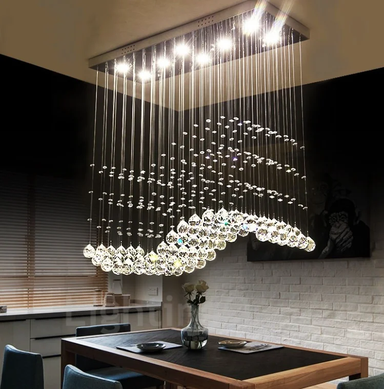 Modern LED Crystal Ceiling Pendant Light Rectangular Raindrop Wave Crystal Chandelier