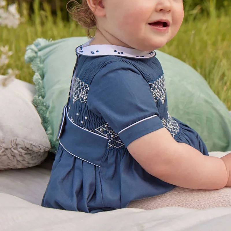 Custom Cotton Hand Smocked Baby Clothes Boutique Embroidery Short Sleeve Toddler Jumpsuit Peter Pan Collar Kids Romper Girl