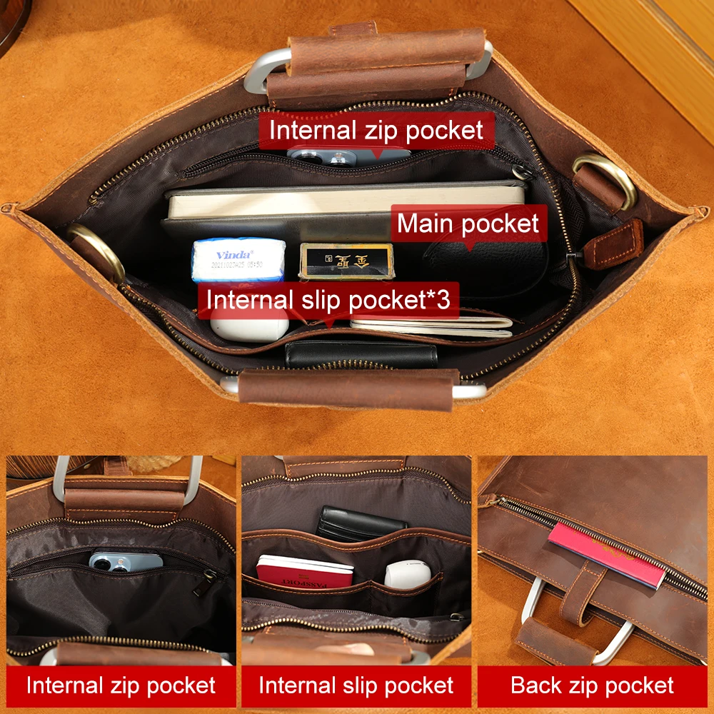 Marrant crazy horse leather laptop briefcase top handle luxury handbag messenger bag genuine leather briefcase for men
