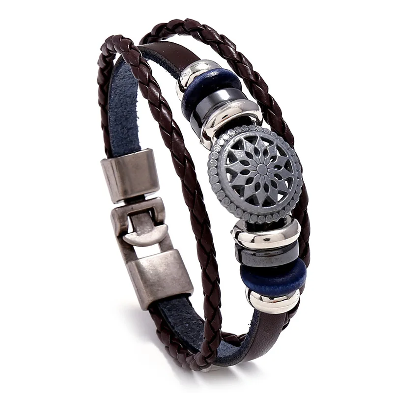 Punk Style Multilayer Mens Leather Bracelet Wooden Beads Leather Weave Wrap Bracelet For Men