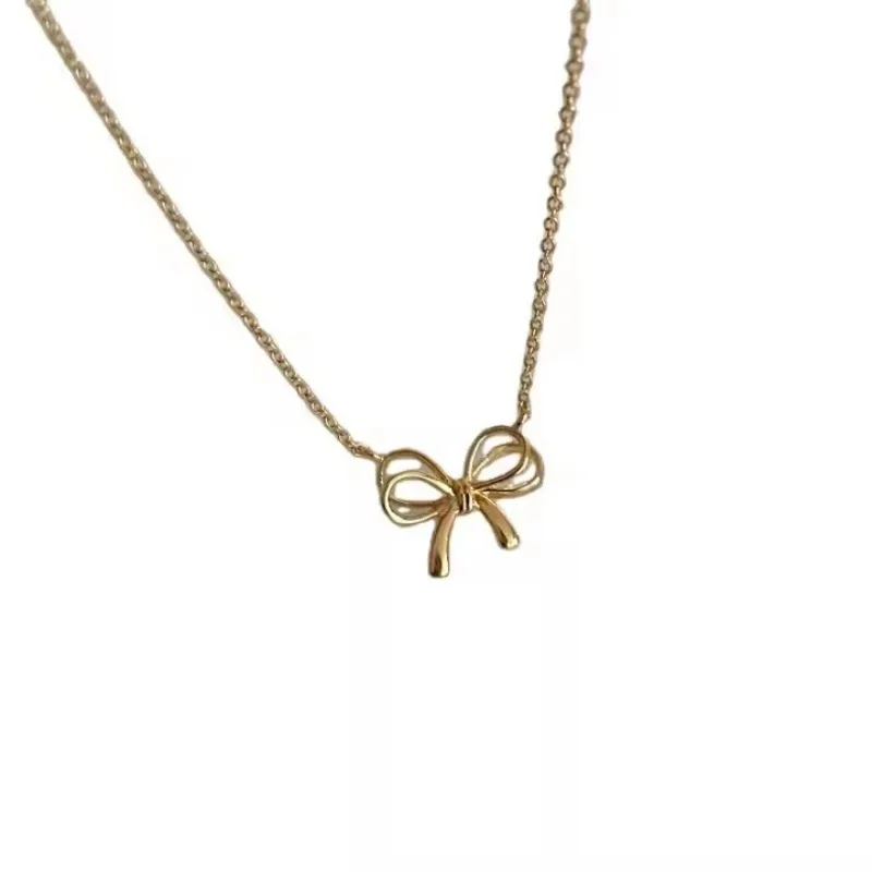 Fine Design Korea Jewelry 18k Gold Plated 925 Sterling Silver Bow Pendant Necklace Women Collarbone Chain Necklaces For Girls