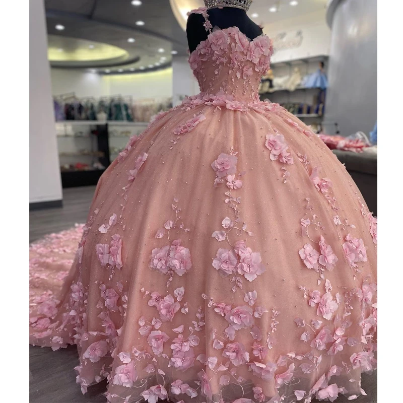 QD1605 розовое милое платье Quinceanera милые сексуальные кружевные платья с 3D цветами и открытыми плечами 16 цветов украшенные бисером для дня рождения принцессы