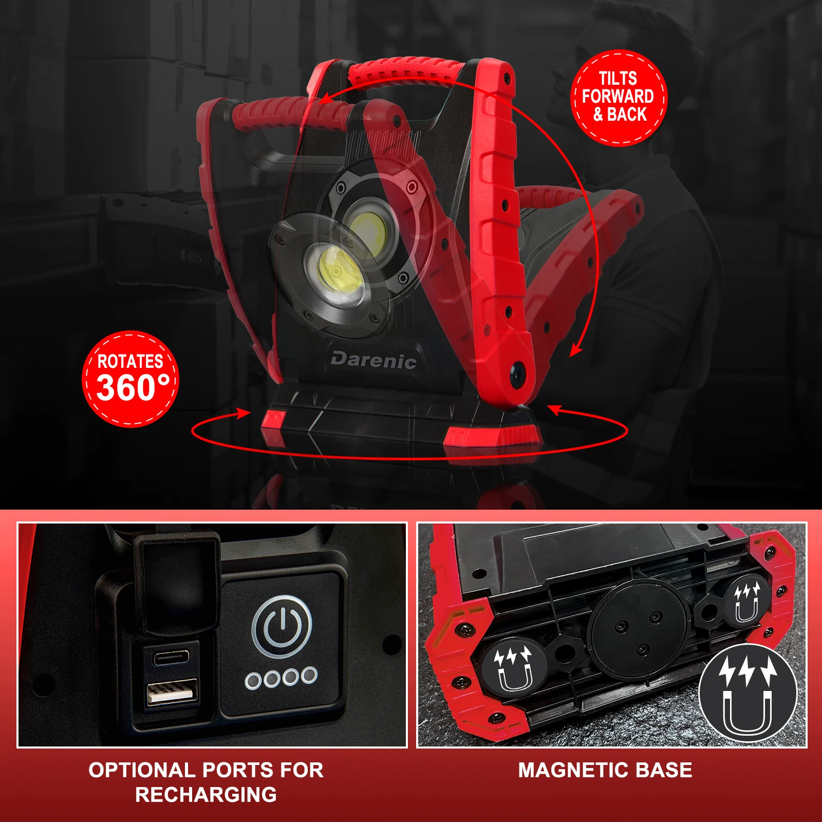 Darenic Area Lighting Rechargeable 10W LED Adjustable Brightness Flood Work Light With Magnet on the bottom