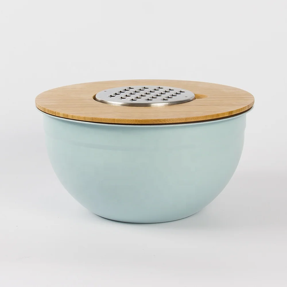 5 QT Airtight Lids Engraved Measuring Marks Non Slip Silicone Base Bamboo cover stainless steel mixing bowls with lid