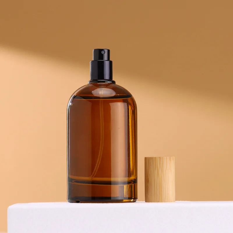 30ml 50ml 100ml  empty amber glass  crimp sprayer perfume bottles with bamboo lids