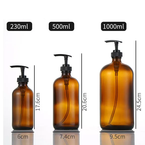 
8 Oz Large 250ml Liquid Soap Dispensers with Plastic Pump for essential oils homemade lotions round amber glass bottles 