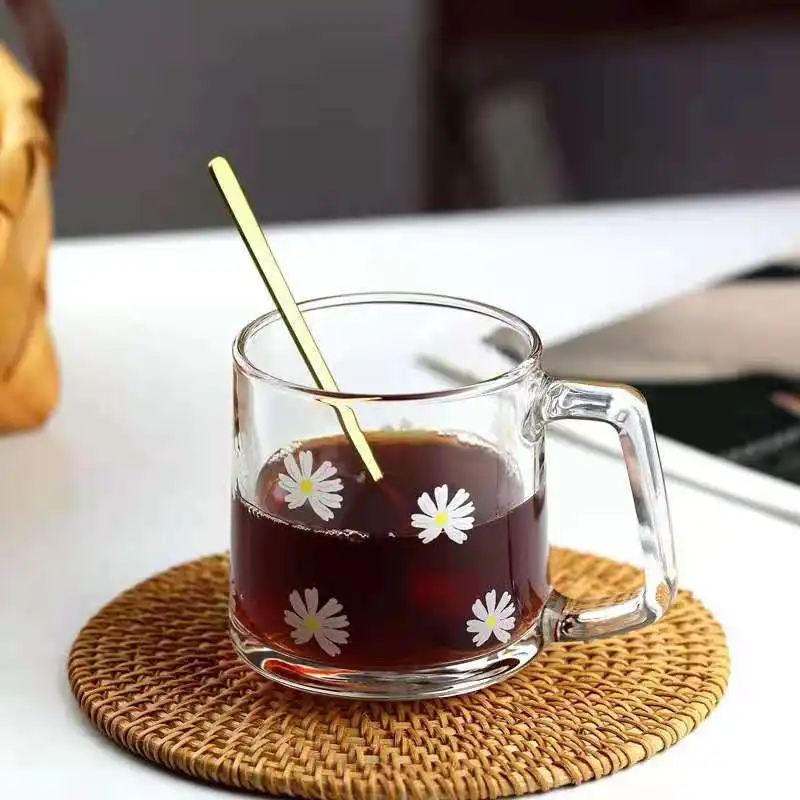 330ml Creative Glass Ins Cute Little Daisy Tulip Strawberry Prints Breakfast Glass Cup Household Water Cup Mug