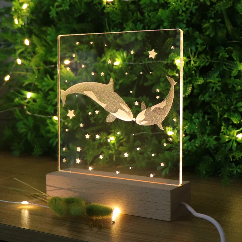 New Design For Child Acrylic Carved Inside 3D Wooden Night Light LED Base With USB Charge Mood Lamp