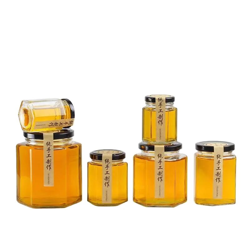 Wholesale Jam Honey Container Cream Jar  45ml 60ml 85ml 100ml 180ml 280ml 380ml Canning Caviar Food Storage Hexagon Glass Jar