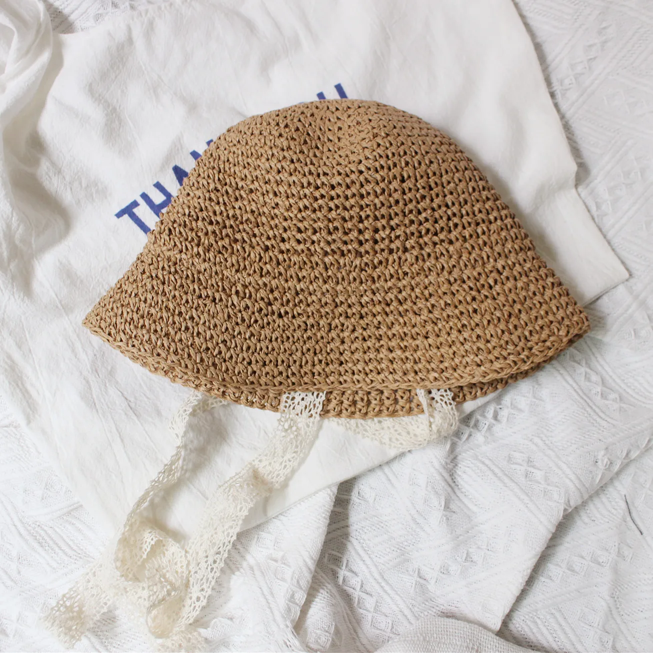 Wholesale Kids Straw Hats with long lace Summer Sun Hats for children 100% handmade sunscreen cap baby girls Brim Bucket hat