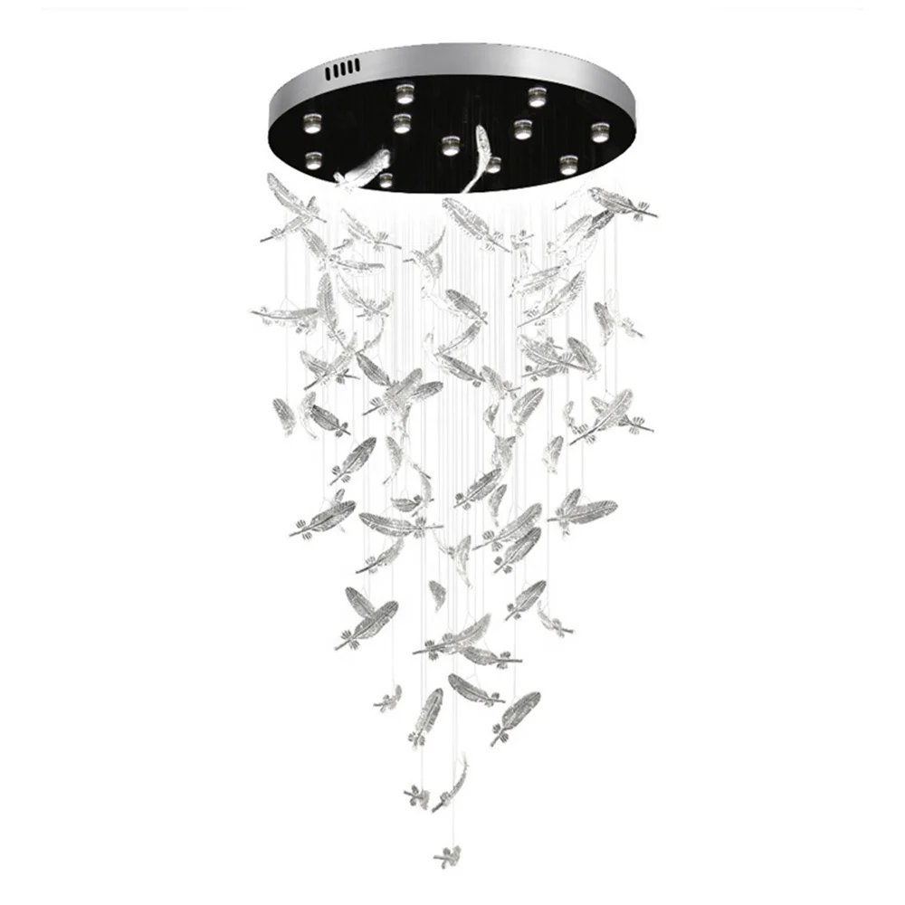 Hotel engineering lobby large feather art glass stair chandelier lamp