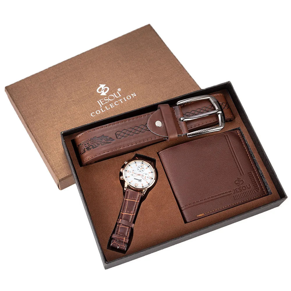 High quality birthday father gift business pu wallet gift watch purse belt three-piece set gift box custom men watch set for men
