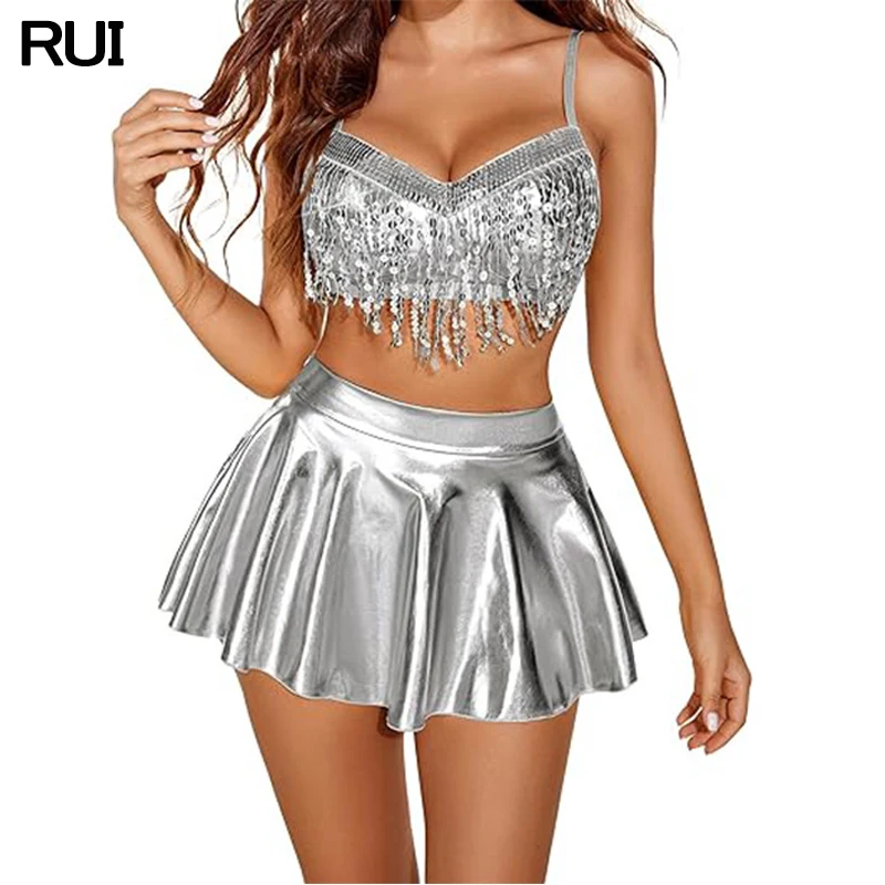 Wholesale Women Bikini Elegant Sexy Bikini Rave Sequin Fringe Trim Tie Backless Top Skirt Party Beachwear Swimwear 3 Pieces Set