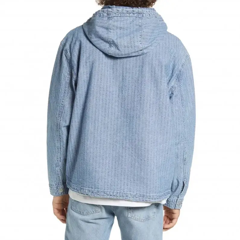 DOVEN OEM Manufacturer Custom Logo Cotton Cargo Vintage Faded Denim Anorak Half Zipper Placket Mens Windbreaker Jacket Hoodie