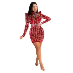 winter club wear high quality high neck long sleeve elegant velvet dress metal sequin rhinestone beaded dresses