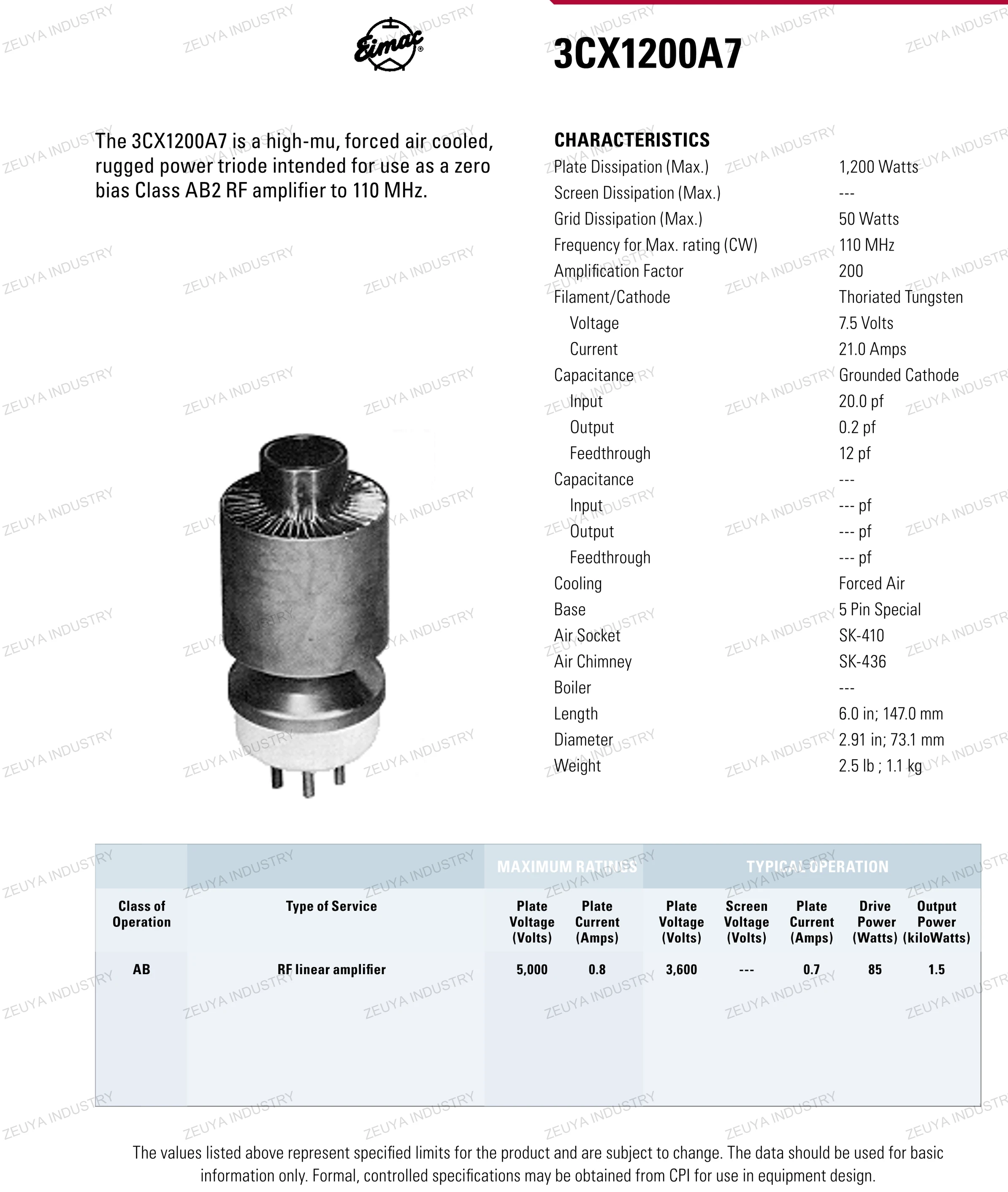 Tetrodes Amplifiers RF Oscillator Oscillation Tube Lamp Vacuum Tube 3CX1200A7 EIMAC