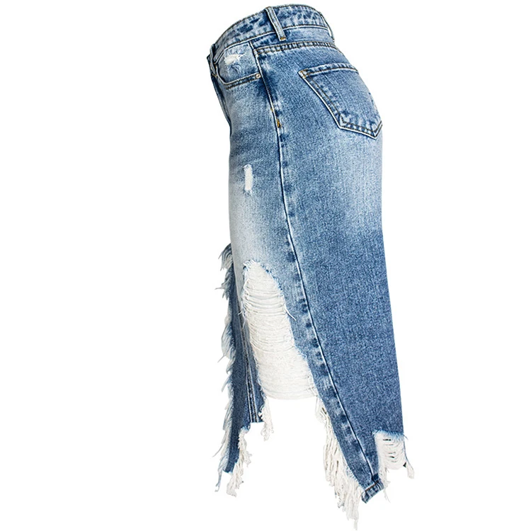Fashion Irregular Tassel Distressed Hip Skirt Mid Length Denim Skirt For Women