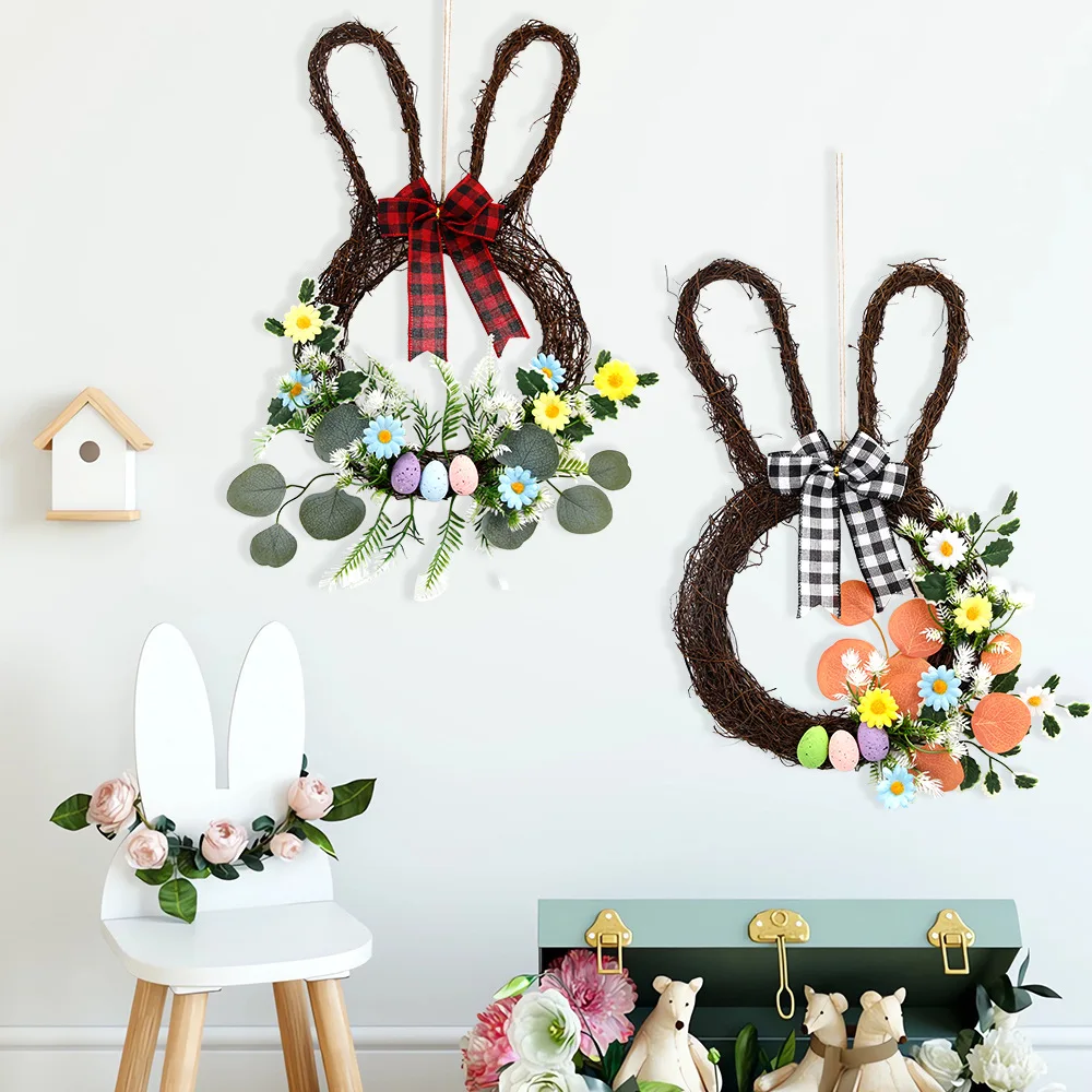 Vintage Spring Berry Egg Decoration Hanging Door Easter Bunny Wreath with Bow