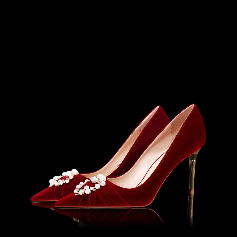 2024 Bridal Stiletto Wedding Shoes New Crystal Pearl Rhinestone High Heel Fairy Style Sandal Summer Insole Material Rubber PU