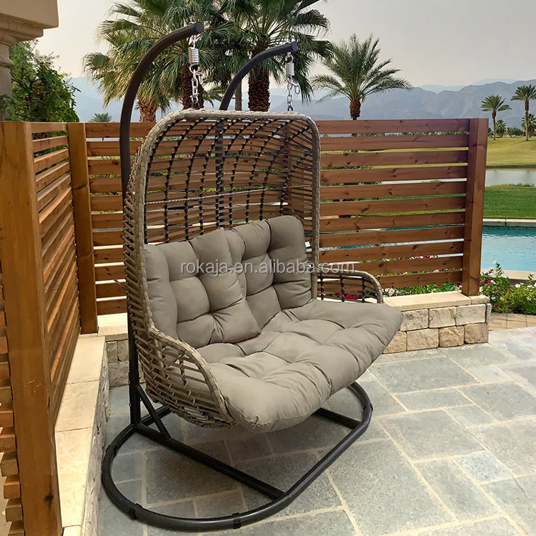 Outdoor Structural Wicker 2 Seater Swing Chair Garden Iron Metal Hanging Swing Chair Hand Woven Hanging Egg Chair with Stand