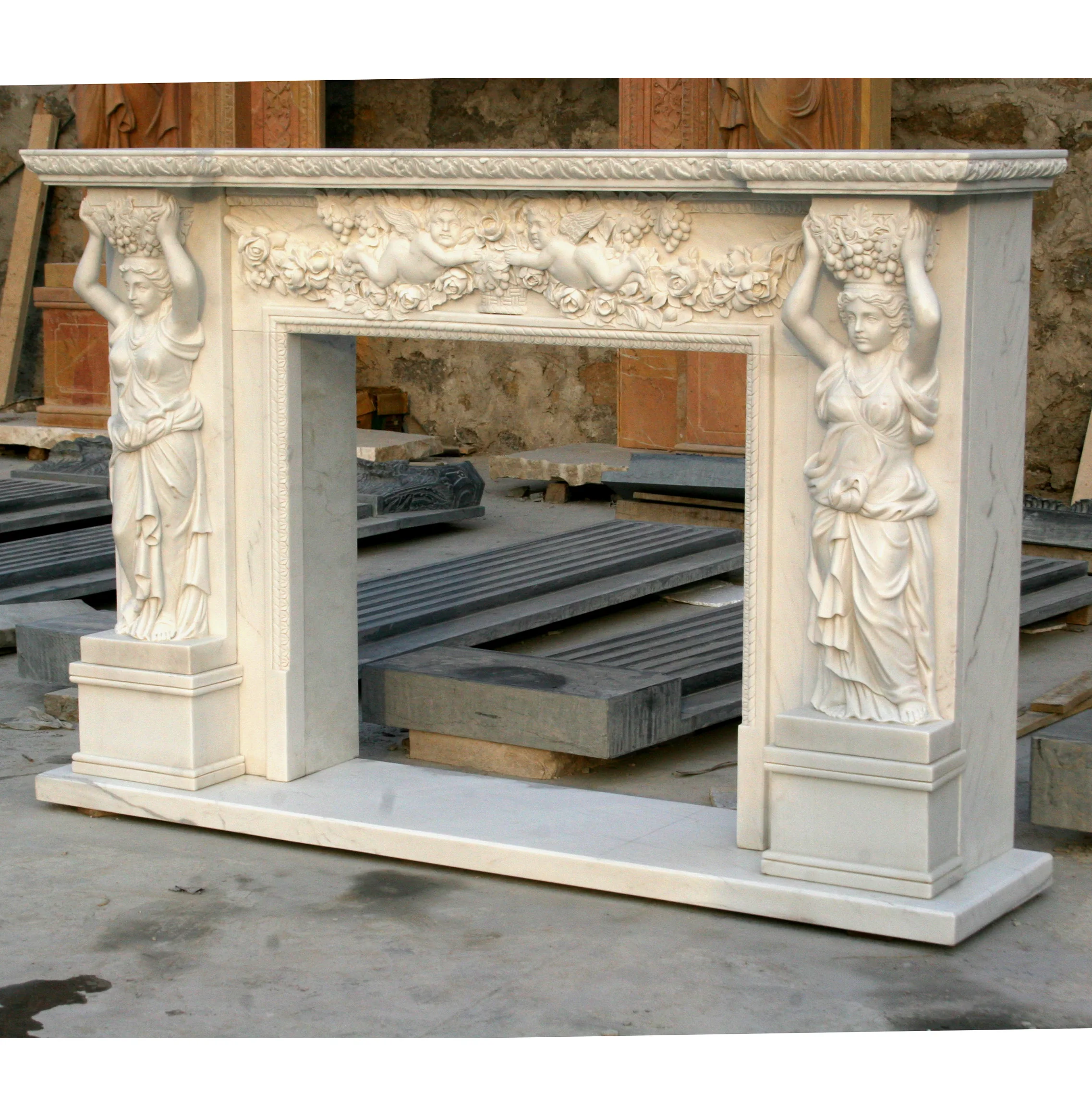 Classic Indoor Natural Stone Hand Carved Marble Elegant Lady Fireplace For Sale