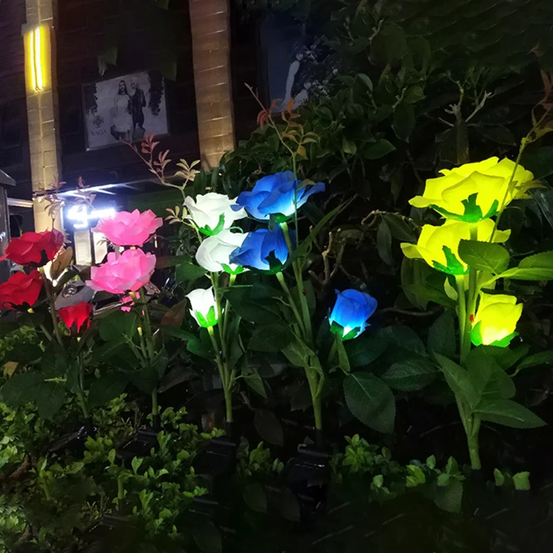 5LED Solar Fabric Rose Flower Spike Lamp Colorful Waterproof Decorative Stake Light with 5 Roses for Garden Path Lawn Park Yard