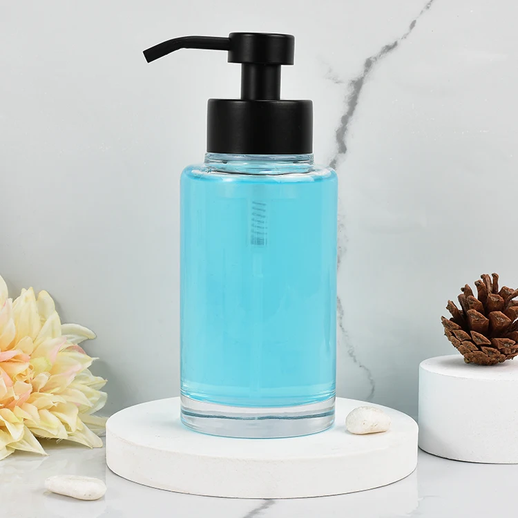 380ml Simple Design Straight Cylindrical Clear Hand-made Glass Foaming Soap Dispenser with Stainless Steel Lotion Pump