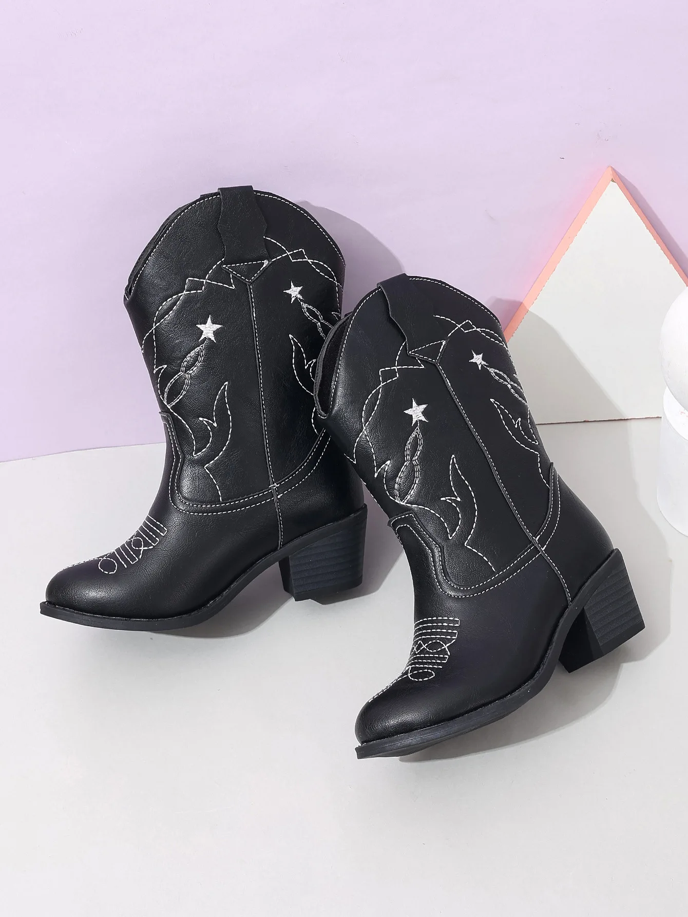 BUSY GIRL mum and me matching cowgirl boots set embroider stars black leather western outdoor riding kids cowboy boots women