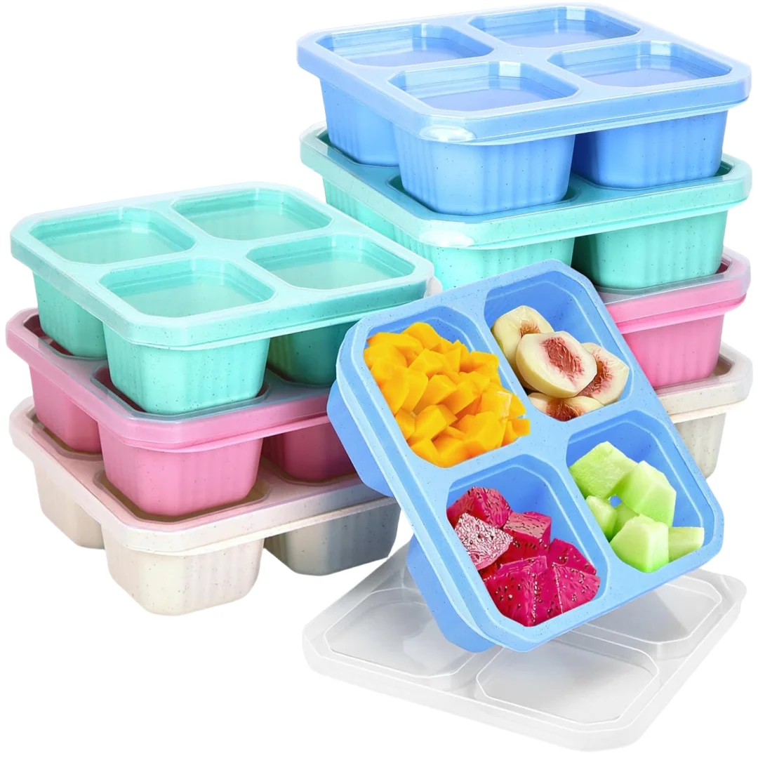 BPA Free Plastic Serving Tray with Lid 4 Compartments Snackle Bento Box Wheat Straw Meal Prep Containers (4 Pack)