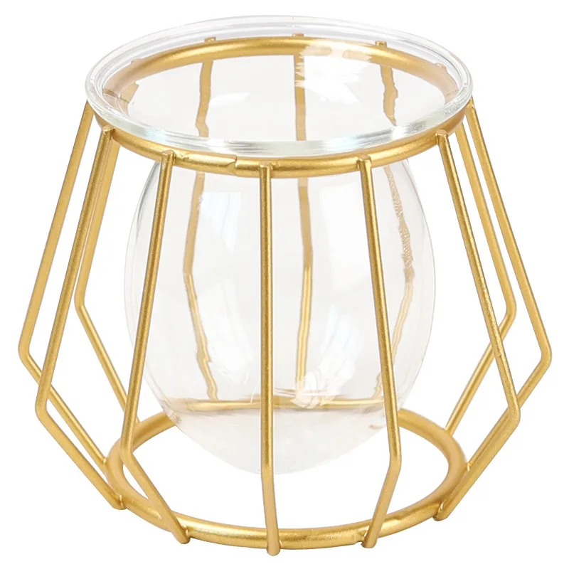 Nordic simple gold geometric iron hydroponic metal vase living room table top decoration glass flower vase ornaments